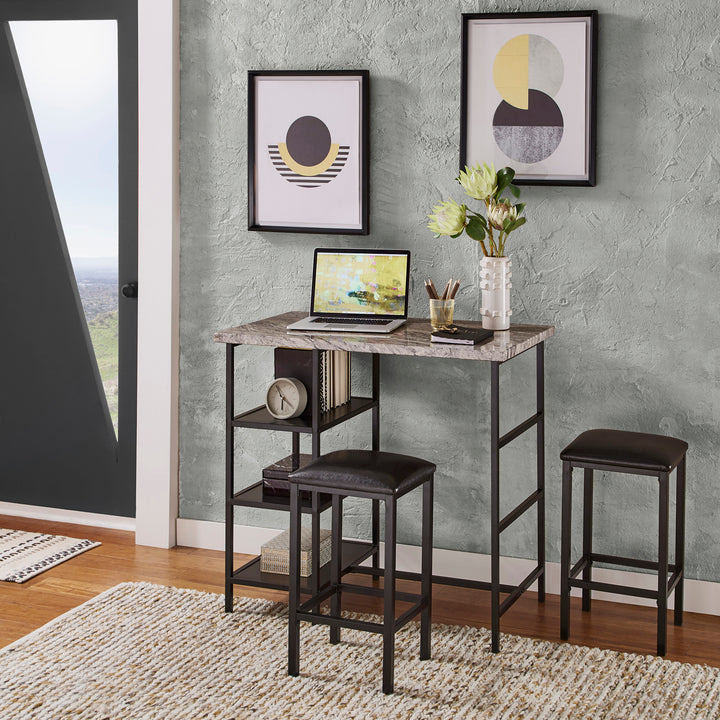 Counter Height Metal Table Set with Faux Marble Top - Black Finish Base and Beige Faux Marble Top