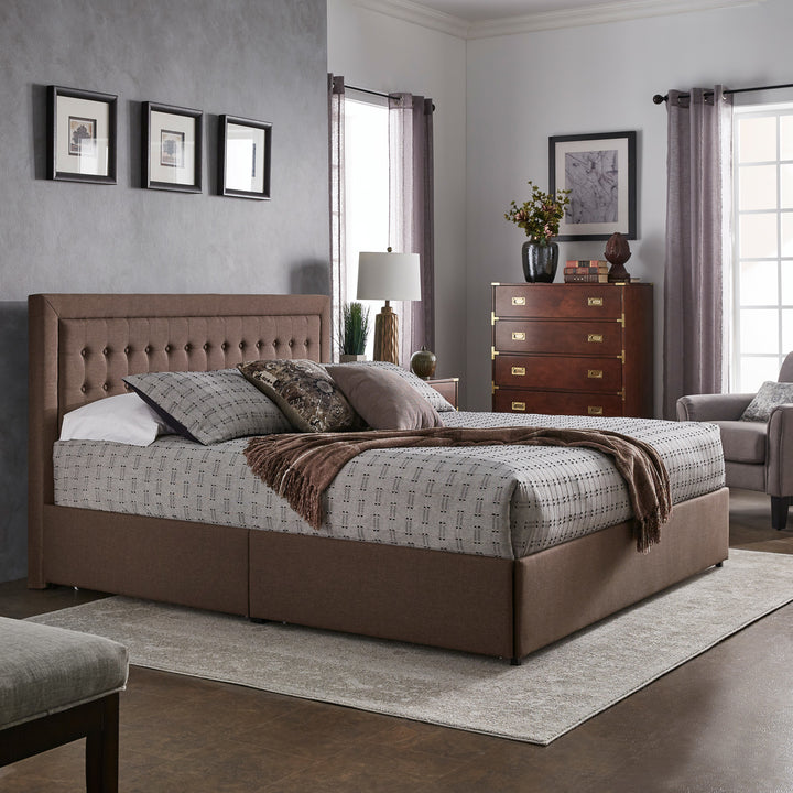 Tufted Linen Headboard Storage Platform Bed - Brown Linen, King