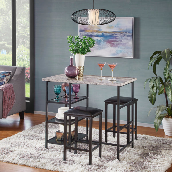 Counter Height Metal Table Set with Faux Marble Top - Black Finish Base and Beige Faux Marble Top