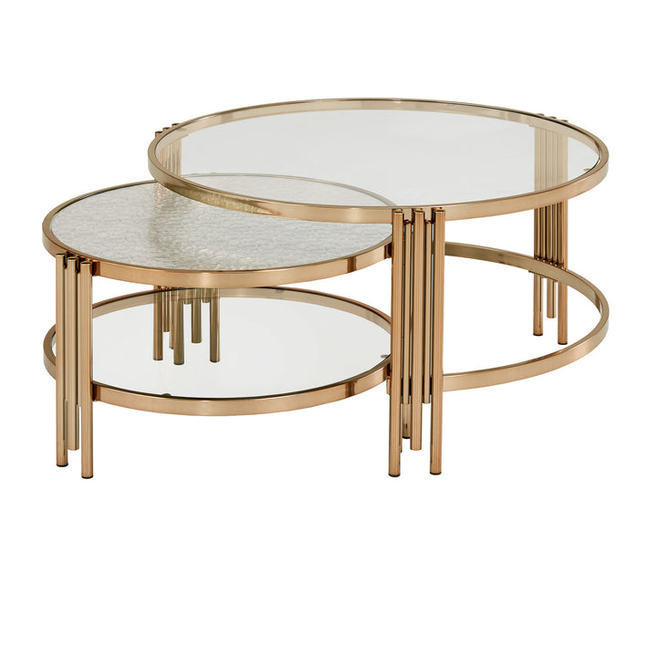 Champagne Gold Finish Textured Glass Table with Shelf - Nesting Coffee Table + End Table