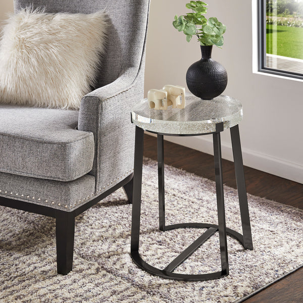 Stainless Steel Cast Glass Top Table - Iron Gray Finish, Round End Table