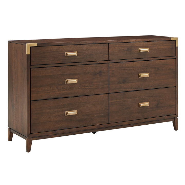 64" Wide 6 - Drawer Campaign Dresser - Walnut Finish, Gold Accent, Dresser Only