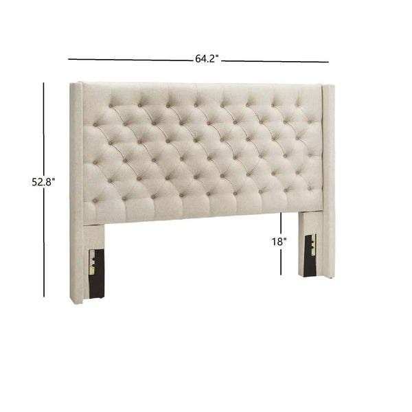 Wingback Button Tufted Linen Fabric Headboard - Beige, 52-inch Height, Full Size