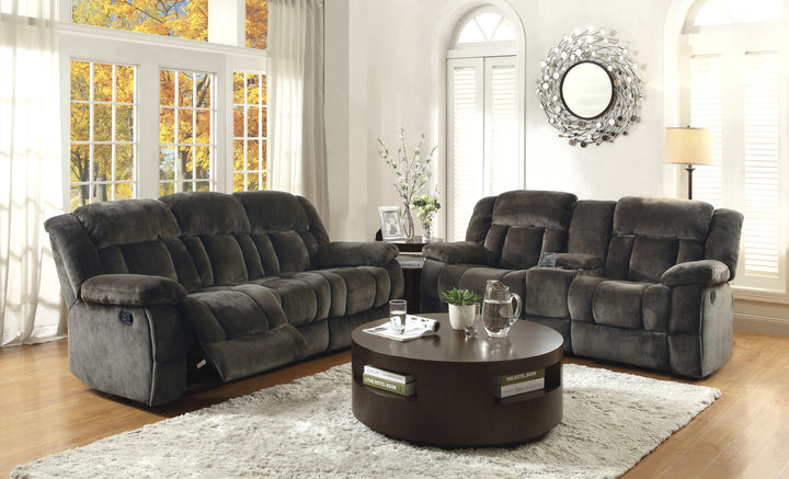 Laurelton Chocolate Textured Plush Microfiber Double Glider Reclining Loveseat with Center Console