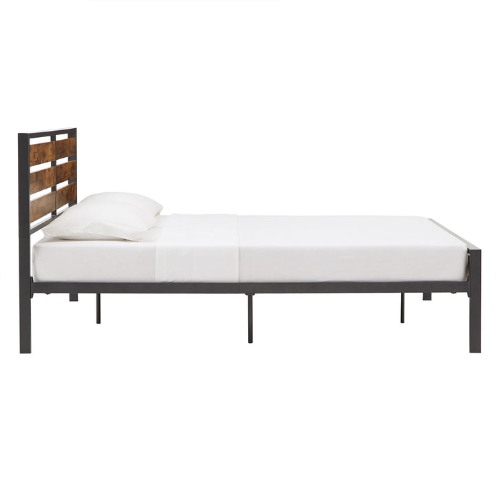 Low Profile Metal Platform Bed with Wood Finish Panels - Gray, Queen