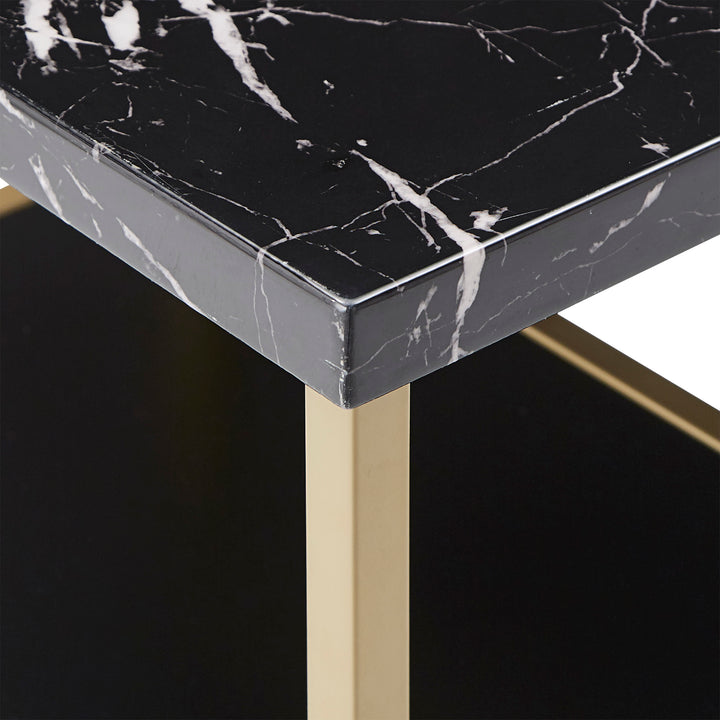 Counter Height Metal Table Set with Faux Marble Top - Gold Finish Base and Black Faux Marble Top