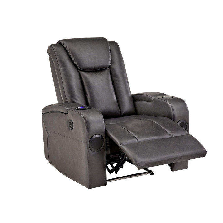 Gray Vegan Leather LED Power Recliner with Speaker, Storage, USB and Wireless Charger