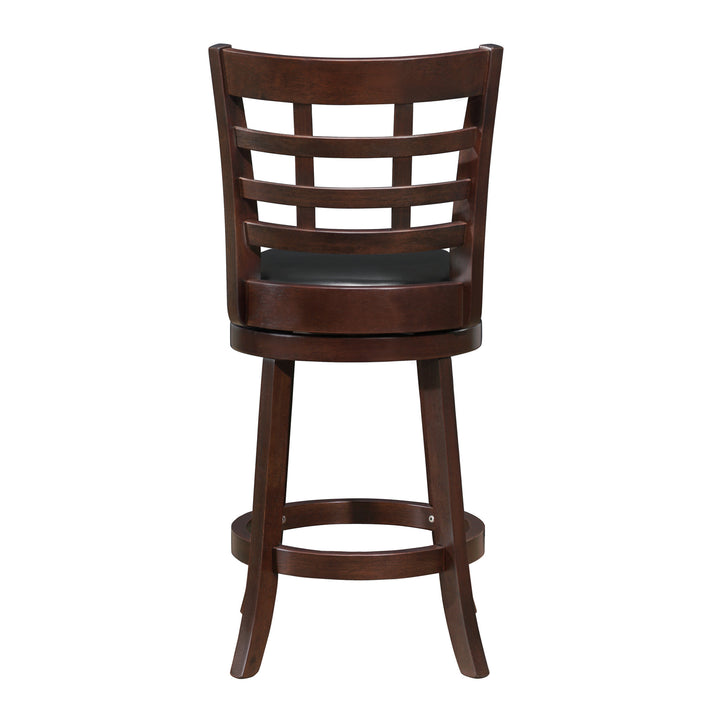 Window Back 24"H Swivel Counter Height Stool - Dark Cherry Finish, Black Faux Leather