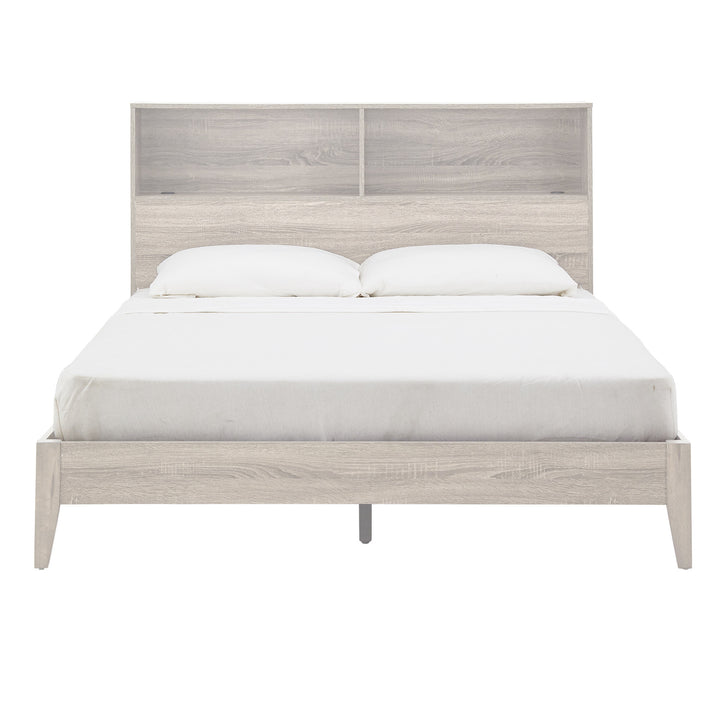 Bookcase Platform Bed with USBs - White Finish, Queen Size