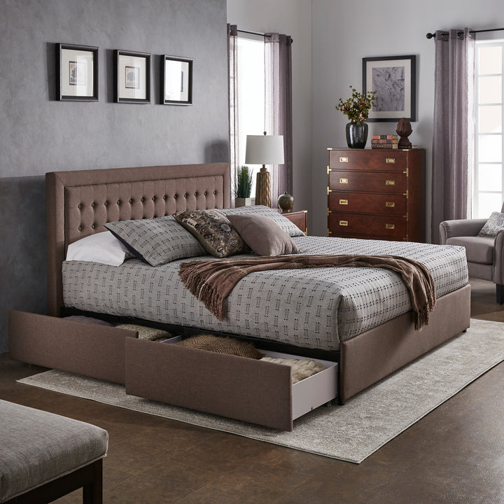 Tufted Linen Headboard Storage Platform Bed - Brown Linen, King