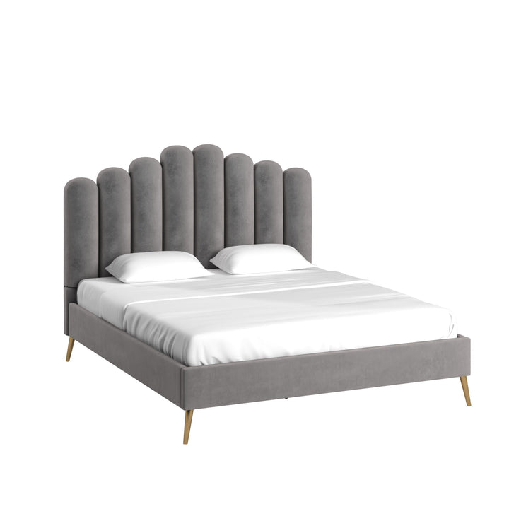 Art Deco Velvet Upholstered Platform Bed - Grey, King