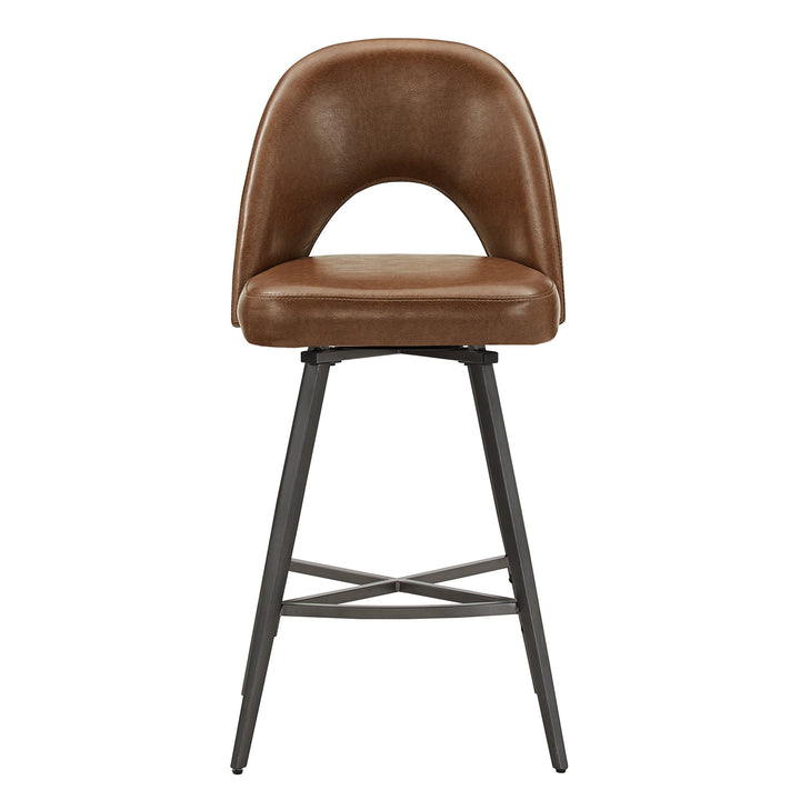 Metal Swivel Stools (Set of 2) - Brown PU Leather, 24" Counter Height