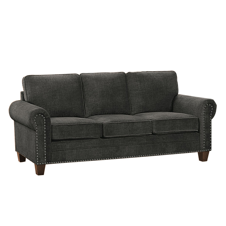 Dark Brown Finish Dark Grey Fabric Sofa