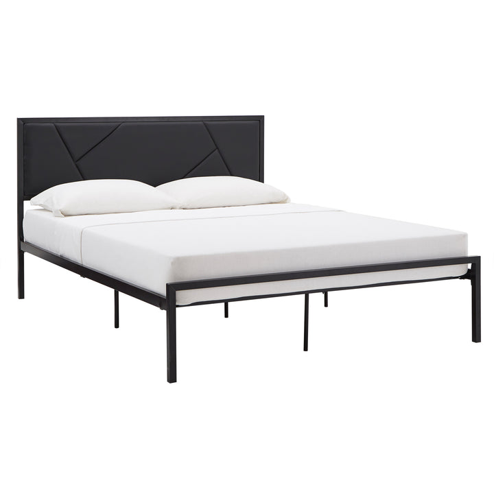 Metal Platform Bed with Geometric Headboard - Black, Queen