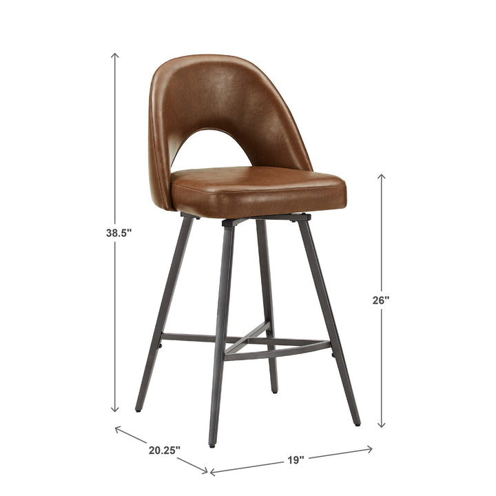 Metal Swivel Stools (Set of 2) - Brown PU Leather, 24" Counter Height