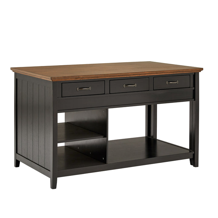 Two-Tone Antique Finish Extendable Kitchen Island with 3 Drawers - Oak Finish Top with Antique Black Base