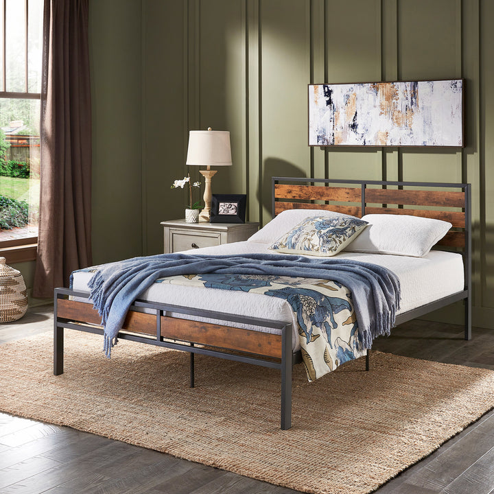 Low Profile Metal Platform Bed with Wood Finish Panels - Gray, Queen