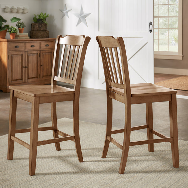 Slat Back Wood Counter Height Chairs (Set of 2) - Oak Finish