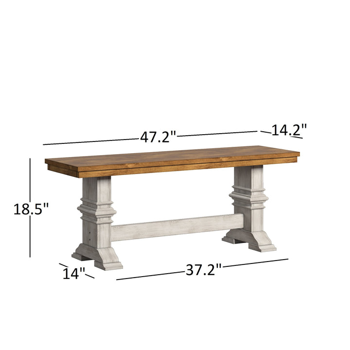 Two-Tone Trestle Leg Wood Dining Bench - Oak Top with Antique White Base