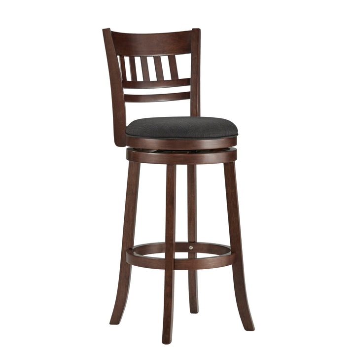 Lattice Back 29"H Swivel Bar Stool - Dark Cherry Finish, Dark Grey Linen