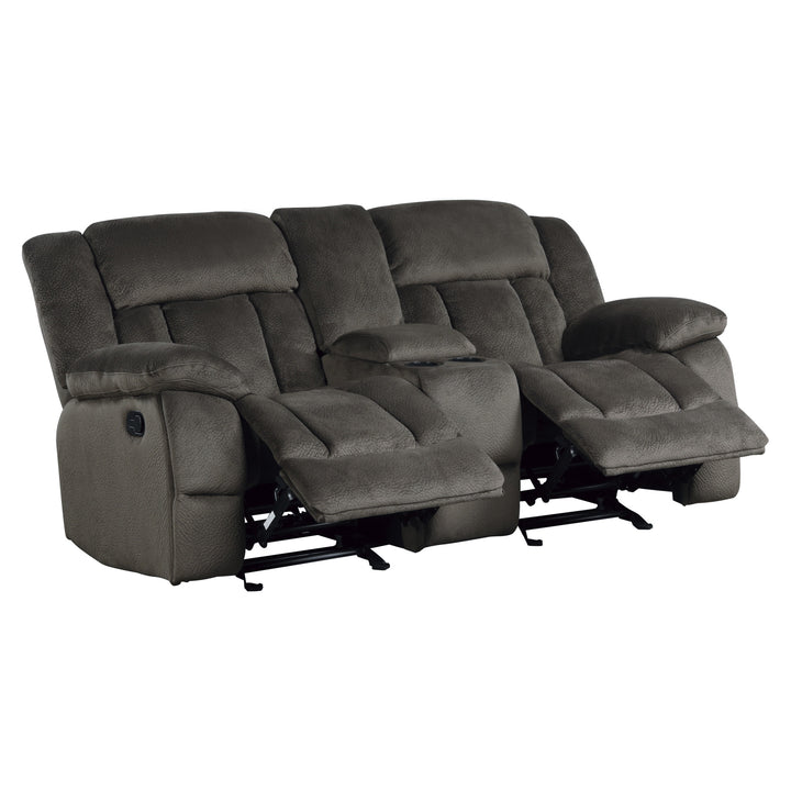 Laurelton Chocolate Textured Plush Microfiber Double Glider Reclining Loveseat with Center Console