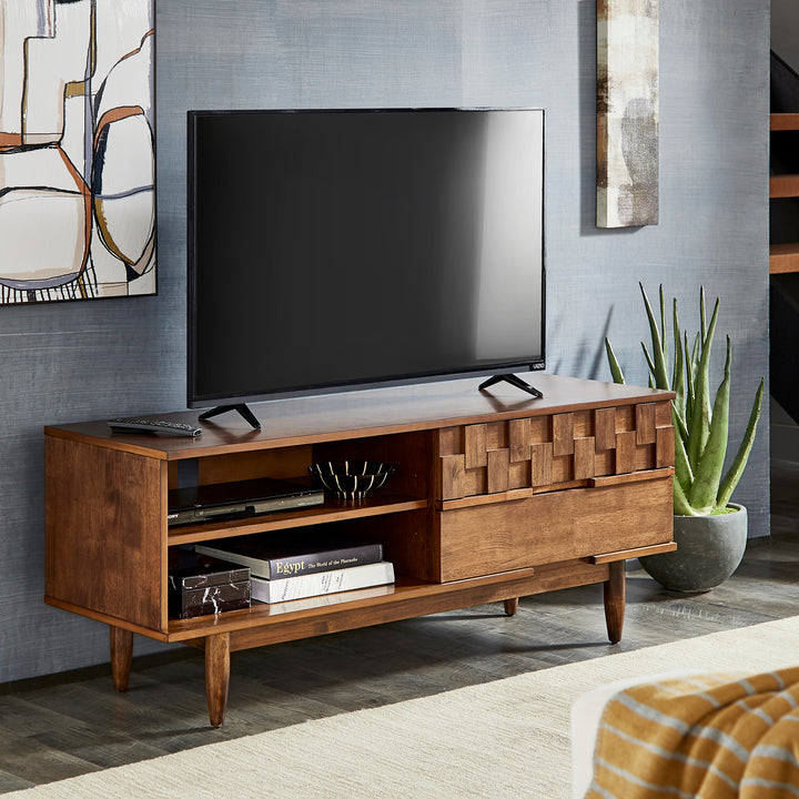 Mid-Century Wood 2-Drawer TV Stand - Brown Finish, 59" Wide