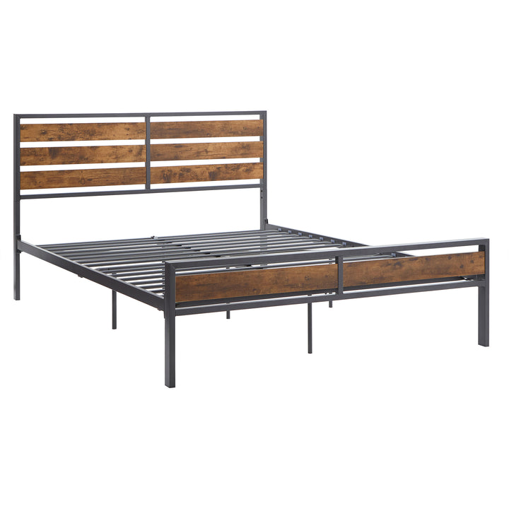 Low Profile Metal Platform Bed with Wood Finish Panels - Gray, Queen