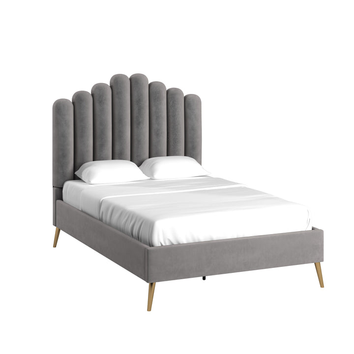 Art Deco Velvet Upholstered Platform Bed - Grey, Full