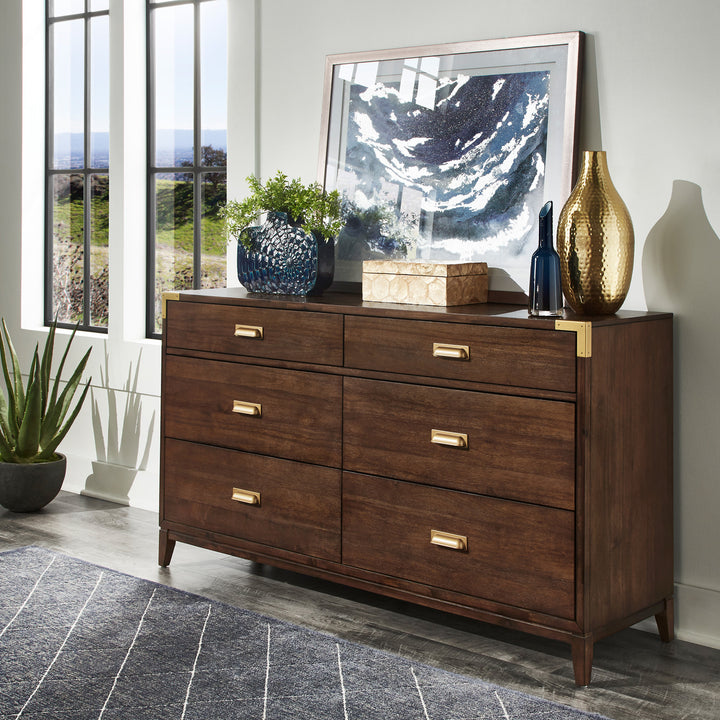 64" Wide 6 - Drawer Campaign Dresser - Walnut Finish, Gold Accent, Dresser Only