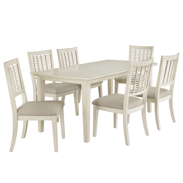 72" White Finish Rectangular Table with Wicker Dining Chair Set - Brown Fabric, 7-Piece