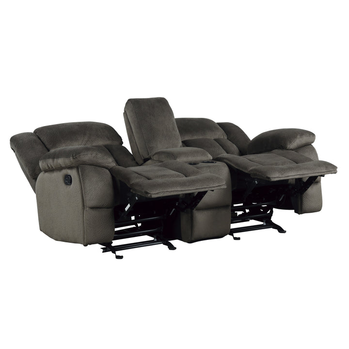 Laurelton Chocolate Textured Plush Microfiber Double Glider Reclining Loveseat with Center Console