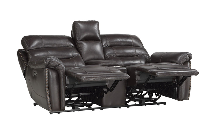 Power Double Reclining Loveseat with Console, Power Headrests & Usb Ports, Brown Top Grain Leather Match Pvc