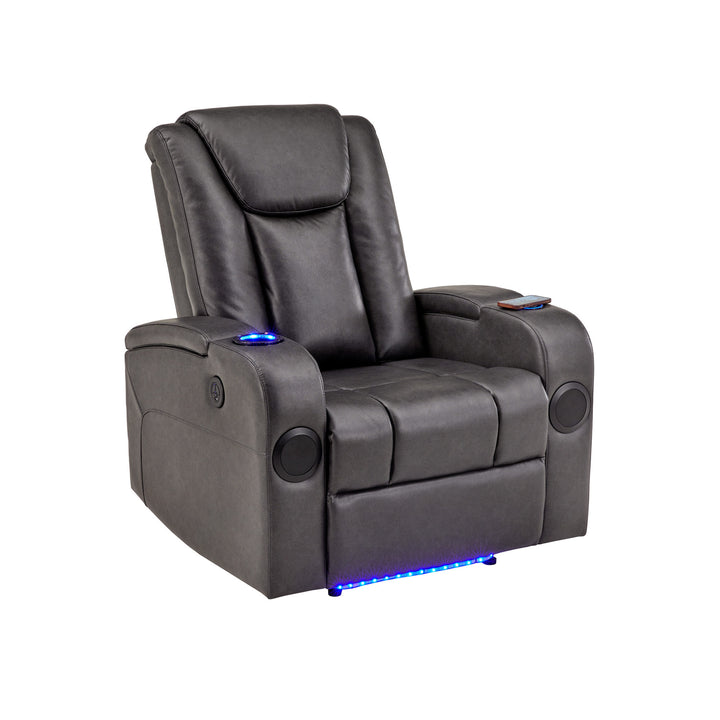 Gray Vegan Leather LED Power Recliner with Speaker, Storage, USB and Wireless Charger