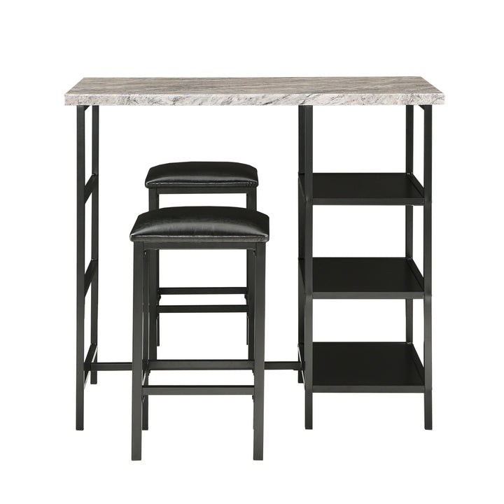 Counter Height Metal Table Set with Faux Marble Top - Black Finish Base and Beige Faux Marble Top