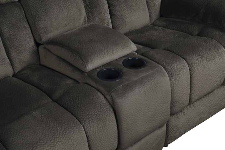 Laurelton Chocolate Textured Plush Microfiber Double Glider Reclining Loveseat with Center Console