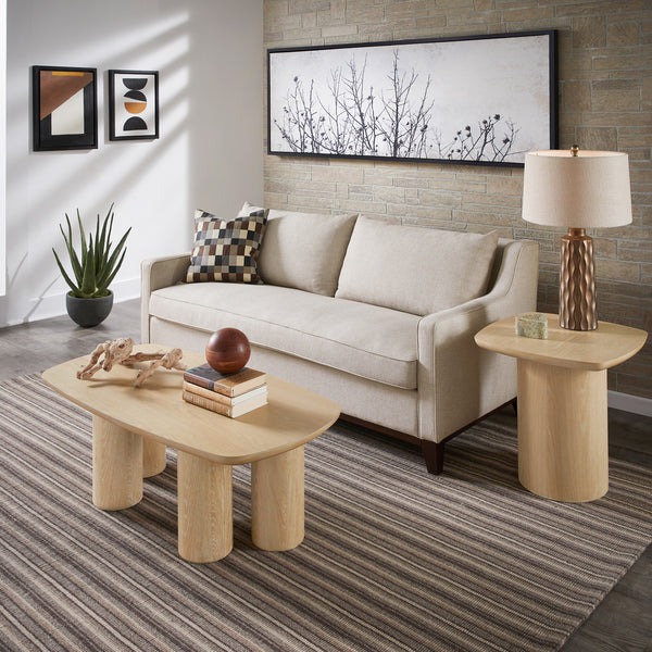 Contemporary Oak-Finished Table with Sturdy Column Base - Coffee Table + End Table