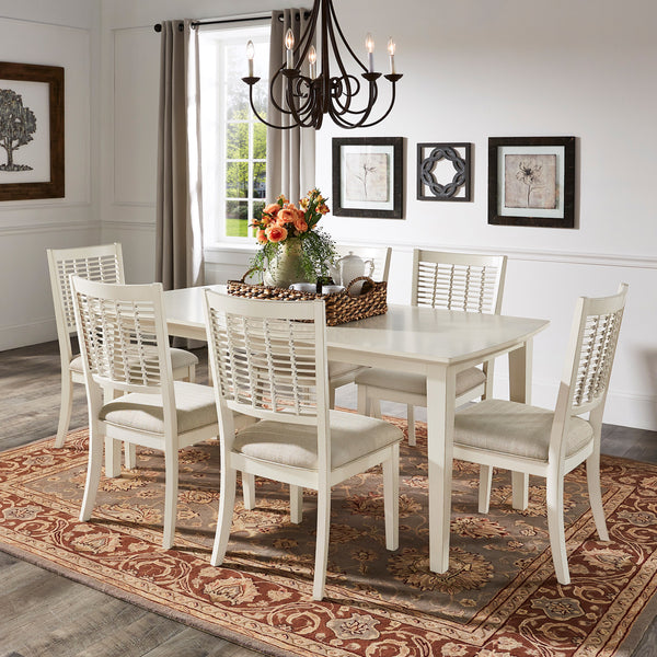 72" White Finish Rectangular Table with Wicker Dining Chair Set - Brown Fabric, 7-Piece