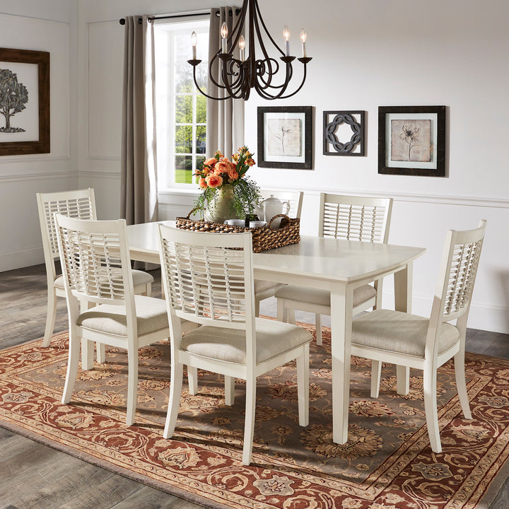 72" White Finish Rectangular Table with Wicker Dining Chair Set - Brown Fabric, 7-Piece