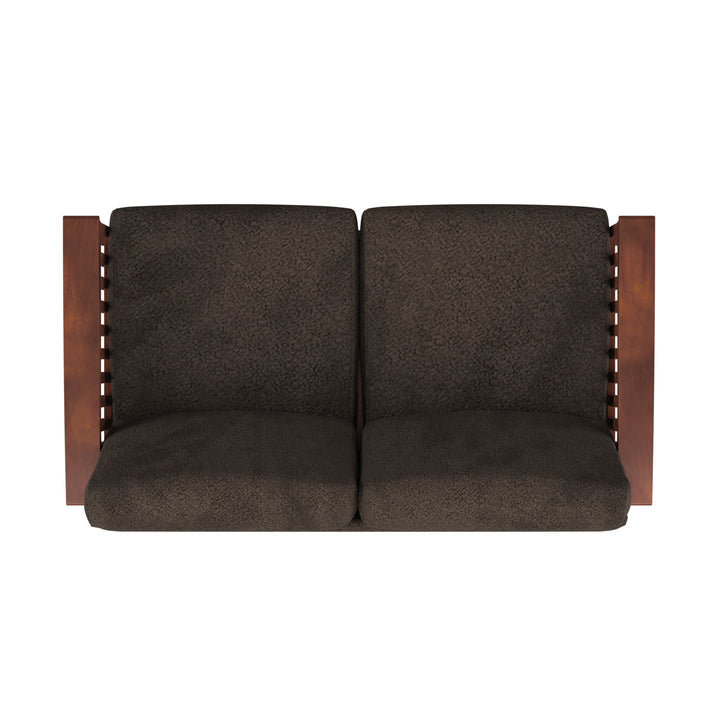 Mission-Style Wood Loveseat - Dark Brown Fabric, Oak Finish