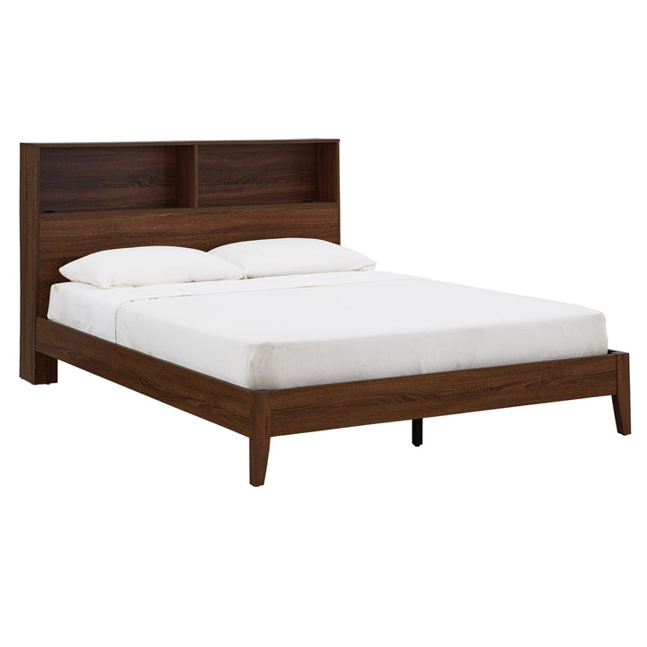 Bookcase Platform Bed with USBs - Cherry Finish, Queen Size