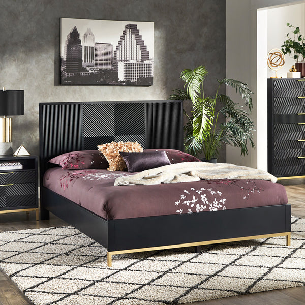 Low Profile Platform Bed - Black Finish, Gold Accent, Queen