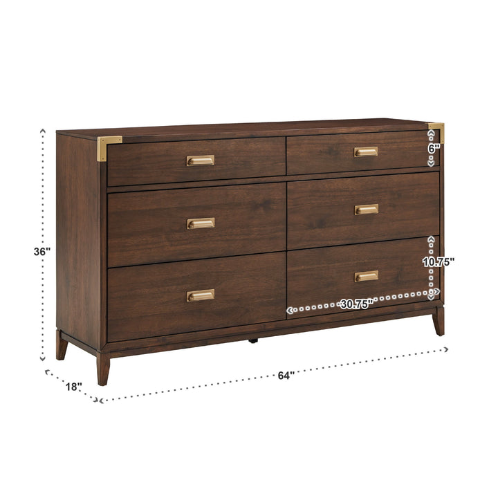 64" Wide 6 - Drawer Campaign Dresser - Walnut Finish, Gold Accent, Dresser Only