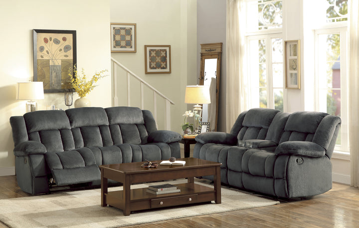 Laurelton Charcoal Textured Plush Microfiber Double Glider Reclining Loveseat with Center Console