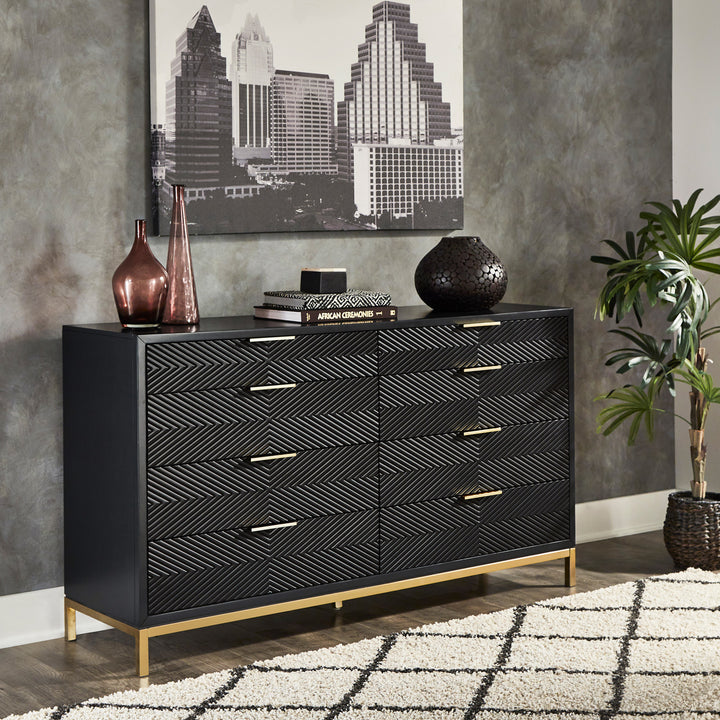 64" Wide 8 - Drawer Dresser - Black Finish, Gold Accent, Dresser Only