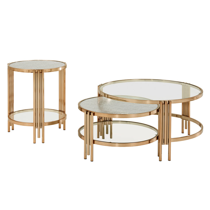 Champagne Gold Finish Textured Glass Table with Shelf - Nesting Coffee Table + End Table