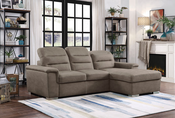 2-Piece Sectional with Adjustable Headrests, Pull-out Bed and Right Chaise with Hidden Storage