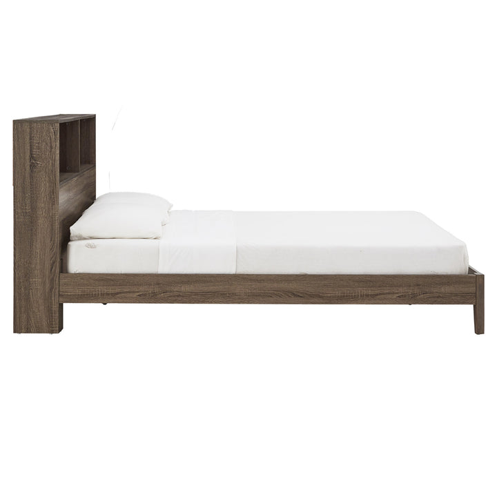 Bookcase Platform Bed with USBs - Grey Finish, Queen Size