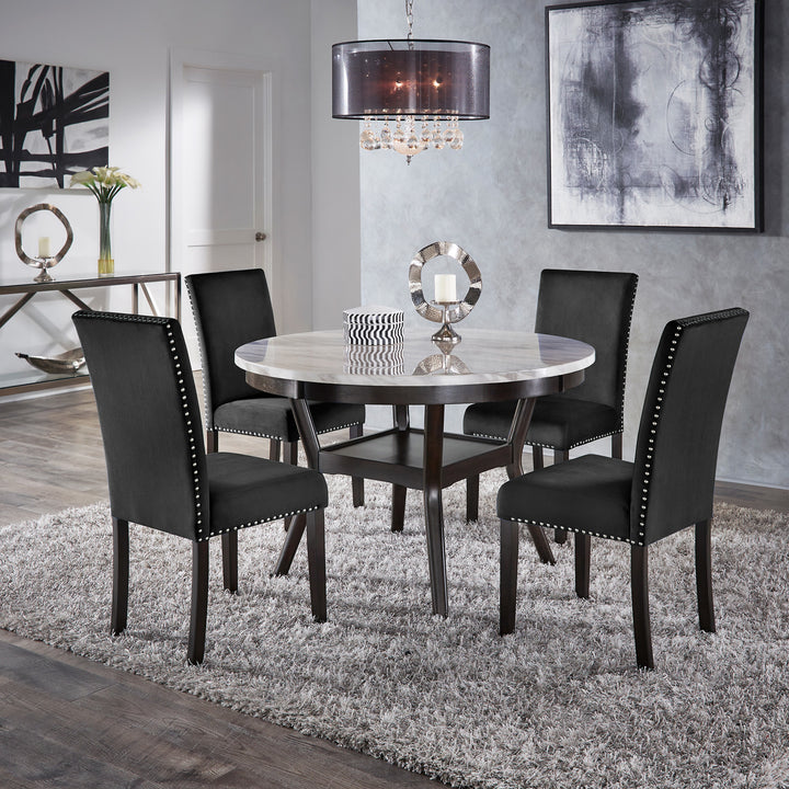 White Faux Marble Round Dining Set - 48" Dining Table with 4 Black Velvet Chairs