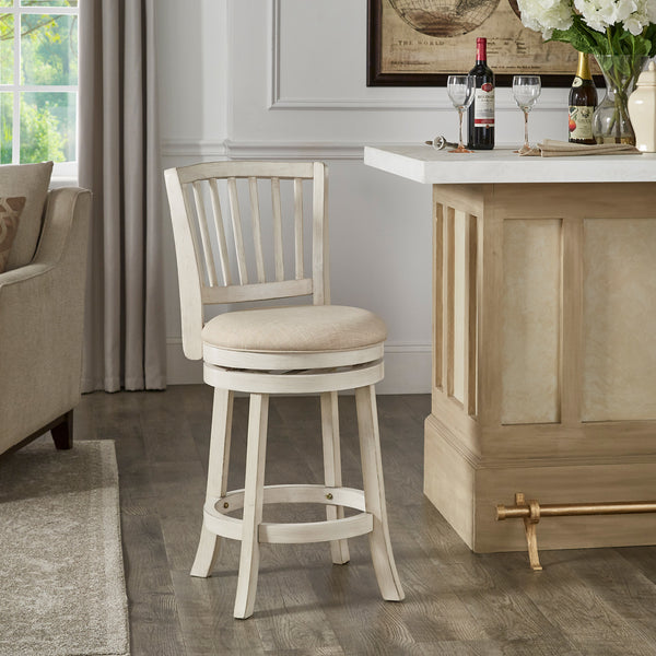 Slat Back Swivel Chair - 24" Counter Height, Antique White Finish, Beige Linen