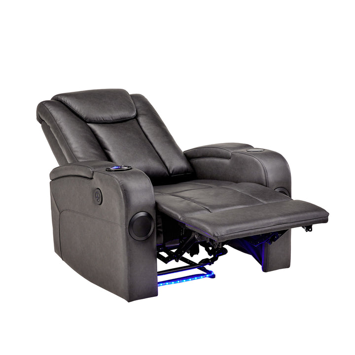 Gray Vegan Leather LED Power Recliner with Speaker, Storage, USB and Wireless Charger